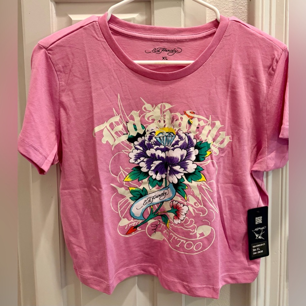 NWT ED HARDY Pink Floral and Diamond Tattoo Graphic Crop Tee Size X-Large